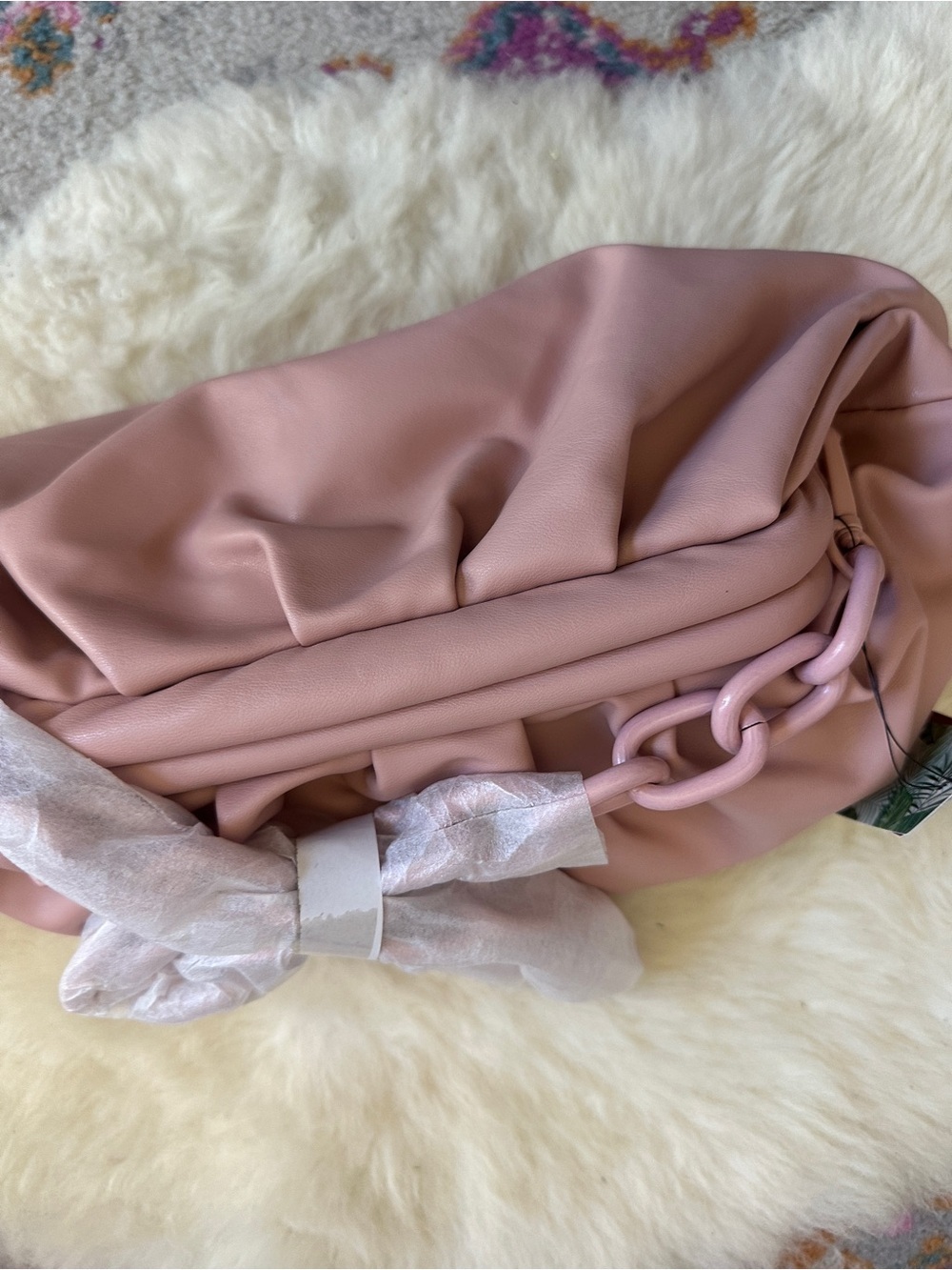 Badgley Mischka Pink Ruched Clutch Vegan Leather Chain Strap Slouchy Bag - Picture 3 of 7